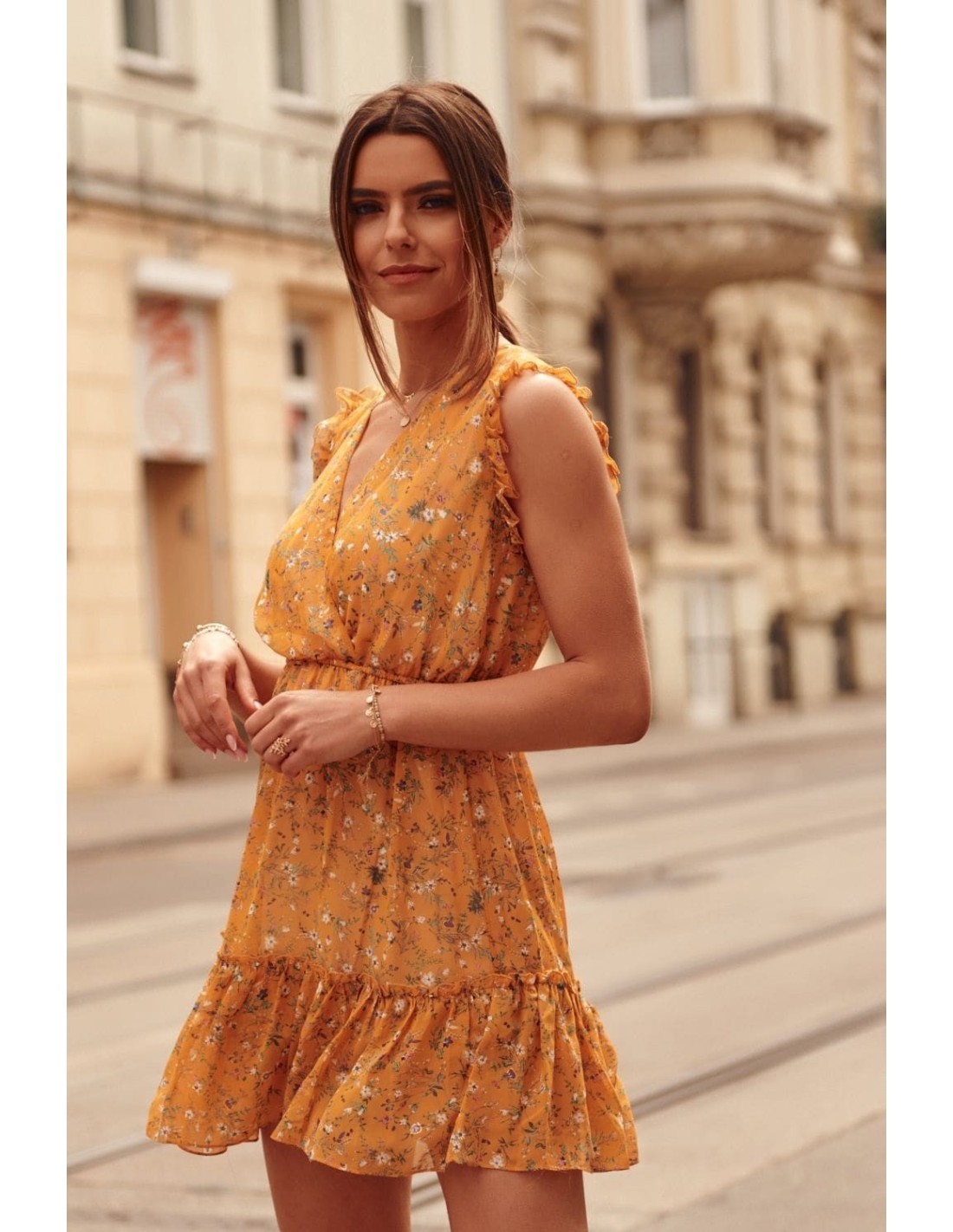 Delicate mustard floral dress PR3187 - Online store - Boutique